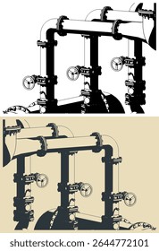 Stylized vector illustrations of industrial valves and pipes close up