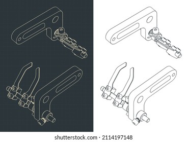 Stylized vector illustrations of isometric blueprint of archery arrow rests  compound bow shelf