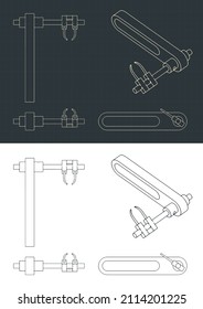 Stylized vector illustrations of isometric blueprint of archery arrow rests  compound bow shelf