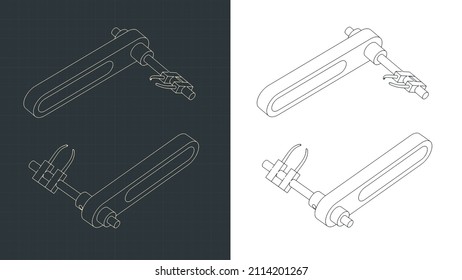 Stylized vector illustrations of isometric blueprint of archery arrow rests  compound bow shelf