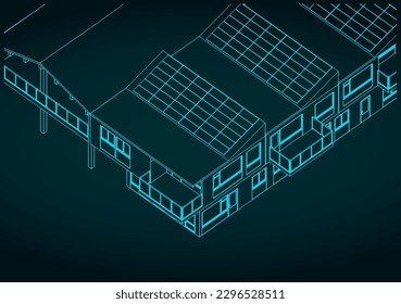 Stylized vector illustrations of isometric blueprint of energy efficient townhouses
