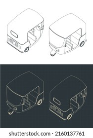 Stylized vector illustrations of isometric blueprints of auto rickshaw