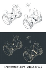 Ilustraciones vectoriales estilizadas de planos isométricos de la motocicleta autoequilibradora eléctrica