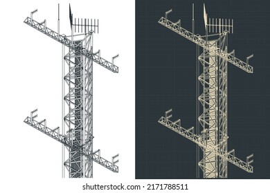 Stylized vector illustrations of isometric blueprints of antenna tower