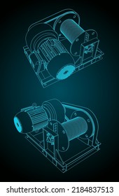 Stylized vector illustrations of isometric blueprints of electric winch