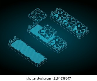 Ilustraciones vectoriales estilizadas de planos isométricos del sistema de refrigeración líquida de tres secciones