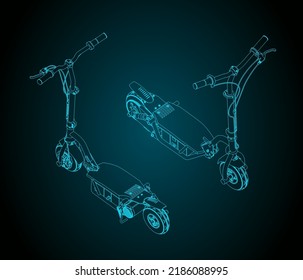 Stylized vector illustrations of isometric blueprints of delectric scooter