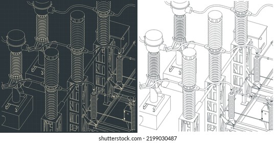 Stylized vector illustrations of isometric blueprints of transformer and divide voltage