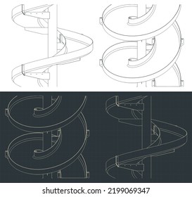 Stylized vector illustrations of isometric blueprints of vertical spiral conveyor