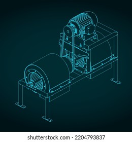 Stylized Vector Illustrations Of Isometric Blueprints Of Industrial Centrifuge Air Blower