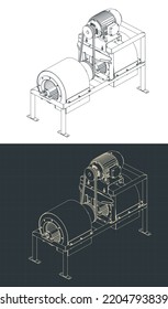 Stylized Vector Illustrations Of Isometric Blueprints Of Industrial Centrifuge Air Blower