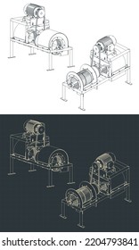 Stylized Vector Illustrations Of Isometric Blueprints Of Industrial Centrifuge Air Blower