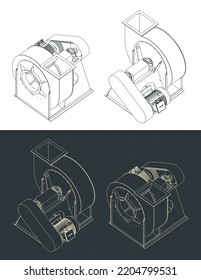 Stylized vector illustrations of isometric blueprints of centrifuge air blower