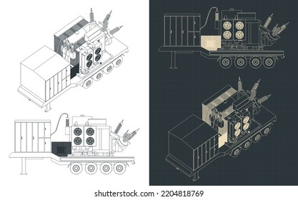 Stylized vector illustrations of isometric blueprints of high-voltage mobile substations