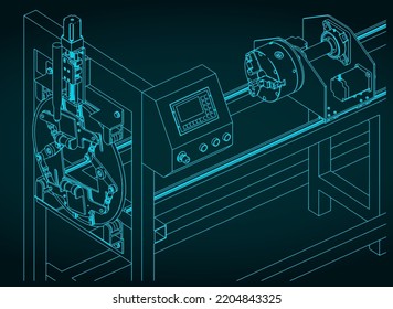 Stylized vector illustrations of isometric blueprints of CNC pipe cutting machine