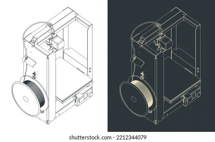 Stylized vector illustrations of isometric blueprints of 3D Printer