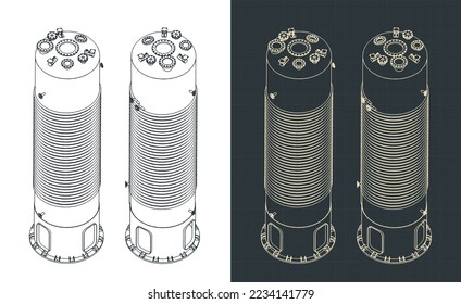Ilustraciones vectoriales estilizadas de planos isométricos de reactor químico