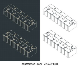 Stylized vector illustrations of isometric blueprints of battery module