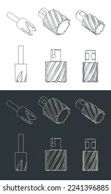 Stylized vector illustrations of isometric blueprints of different annular cutters