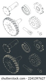 Stylized vector illustrations of isometric blueprints of different milling cutters