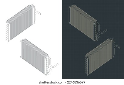 Stylized vector illustrations of isometric blueprints of heat exchanger for air-conditioning