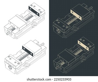 Stylized vector illustrations of isometric blueprints of machine vice