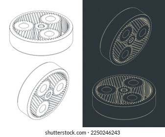 Stylized vector illustrations of isometric blueprints of planetary gears