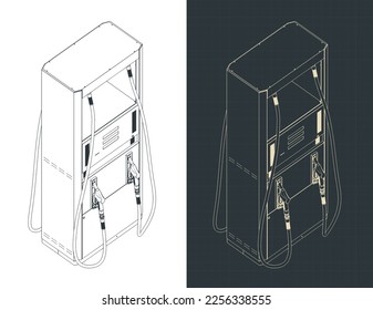 Ilustraciones vectoriales estilizadas de planos isométricos del dispensador de combustible