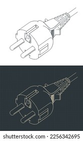 Stylized vector illustrations of isometric blueprints of European power plug
