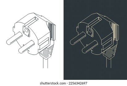 Stylized vector illustrations of isometric blueprints of European power plug