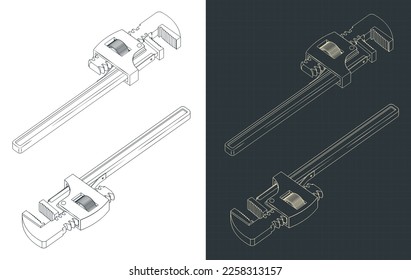 Stylized vector illustrations of isometric blueprints of pipe wrench