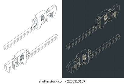 Ilustraciones vectoriales estilizadas de planos isométricos de llave de tubería