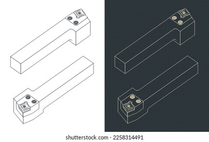 Stylized vector illustrations of isometric blueprints of cutting tool for lathe with vertical axis of rotation