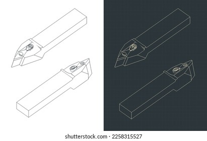 Stylized vector illustrations of isometric blueprints of inclined cutting tool for CNC lathe