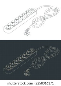 Stylized vector illustrations of isometric blueprints of extension cord with 6 sockets outlet earthed