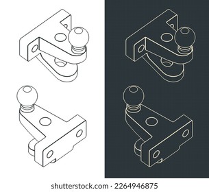 Stylized vector illustrations of isometric blueprints of tow ball