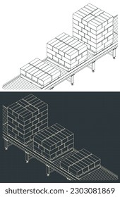 Ilustraciones vectoriales estilizadas de planos isométricos de líneas transportadoras automatizadas para almacenes