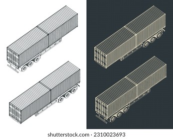 Stylized vector illustrations of isometric blueprints of tri-axle container trailer