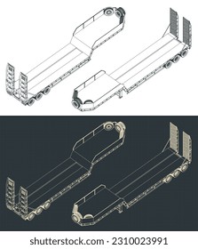 Stylized vector illustrations of isometric blueprints of 3 axle lowbed trailer