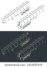 Stylized vector illustrations of isometric blueprints of tanker trailer