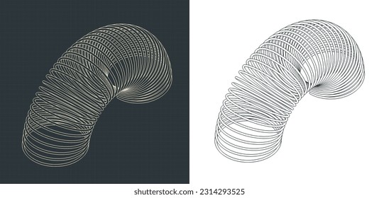 Stylized vector illustrations of isometric blueprints of spiral spring toy