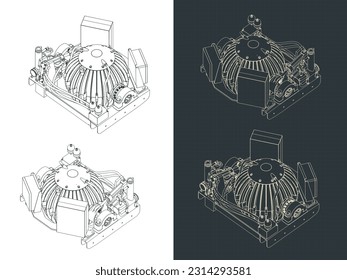 Stylized vector illustrations of isometric blueprints of gyro boat stabilizer