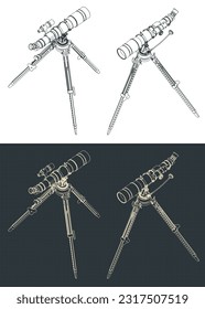 Stylized vector illustrations of isometric blueprints of telescope