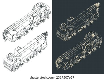 Ilustraciones vectoriales estilizadas de planos isométricos de grúa móvil con potente auge telescópico largo