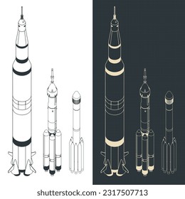 Stylized vector illustrations of isometric blueprints of launch vehicles