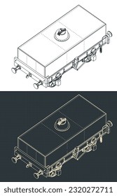 Stylized vector illustrations of isometric blueprints of rectangular tar tank wagon