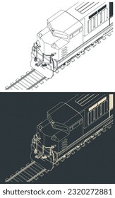 Stylized vector illustrations of isometric blueprints of diesel locomotive close up