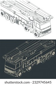 Ilustraciones vectoriales estilizadas de planos isométricos del camión de la bomba de hormigón