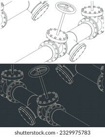 Stylized vector illustrations of isometric blueprints of pipes and valves