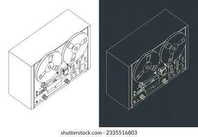 Stylized vector illustrations of isometric blueprints of reel to reel tape recorder